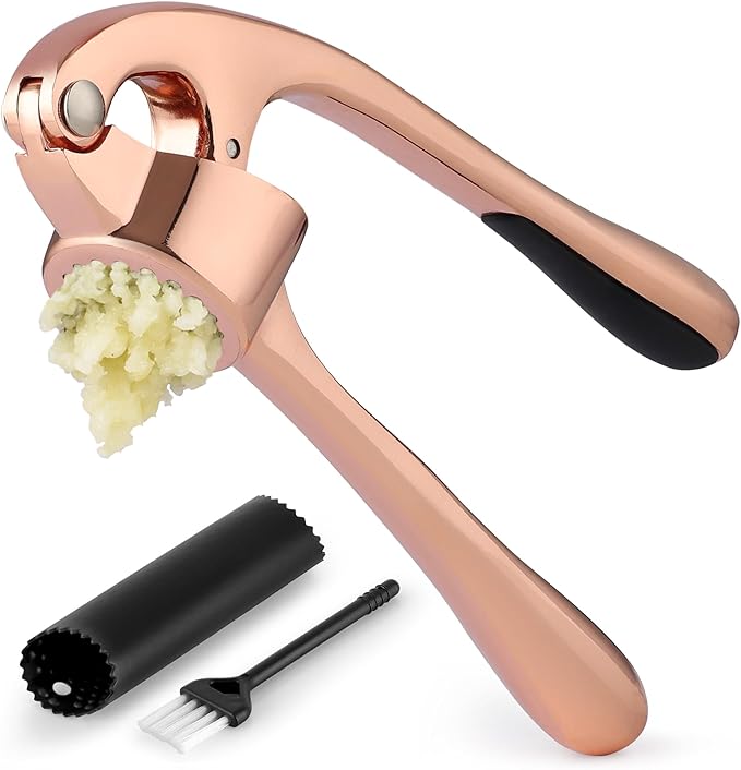 Zulay Kitchen Premium Garlic Press Set - Rust Proof & Dishwasher Safe Professional Garlic Mincer Tool - Easy-Squeeze, Easy-Clean with Soft Handle - Silicone Garlic Peeler & Brush (Rose Gold)