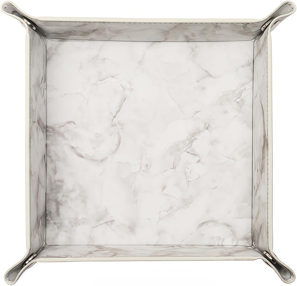 siduater Valet Tray Desktop Storage Organizer – Vegan Leather Catchall Bedside Vanity Tray Nightstand Caddy Holder for Remote Controller, Watch, Keys, Phone, Wallet, Coin, Jewelry, Marble White