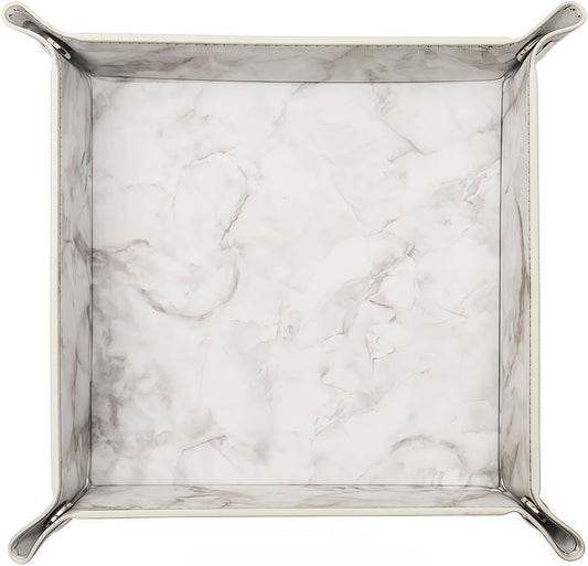 siduater Valet Tray Desktop Storage Organizer – Vegan Leather Catchall Bedside Vanity Tray Nightstand Caddy Holder for Remote Controller, Watch, Keys, Phone, Wallet, Coin, Jewelry, Marble White