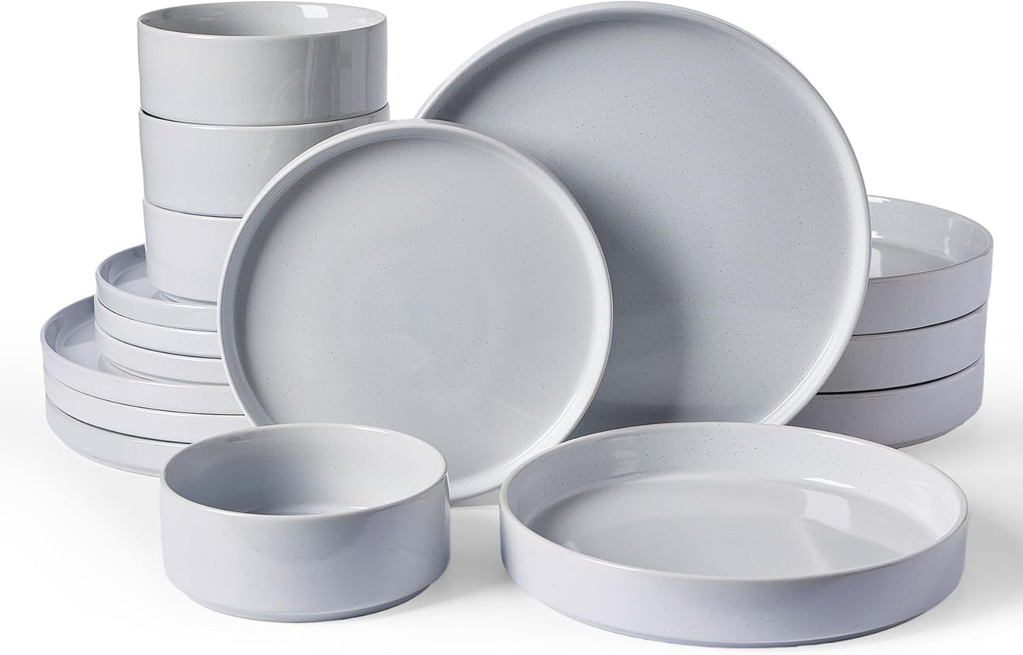 Famiware Nebula Dinnerware Set with Pasta Bowls, Service for 4 (16pcs), Fine Stoneware Plates and Bowls Sets, Microwave and Dishwasher Safe Dishes Set, Light Gray
