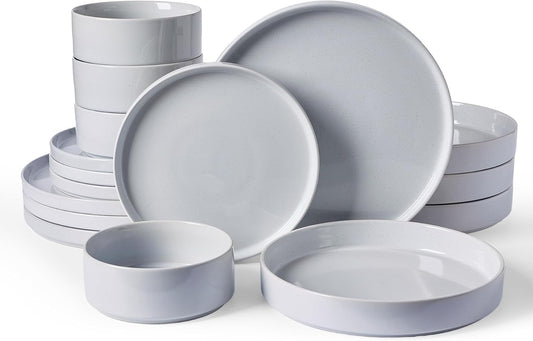 Famiware Nebula Dinnerware Set with Pasta Bowls, Service for 4 (16pcs), Fine Stoneware Plates and Bowls Sets, Microwave and Dishwasher Safe Dishes Set, Light Gray