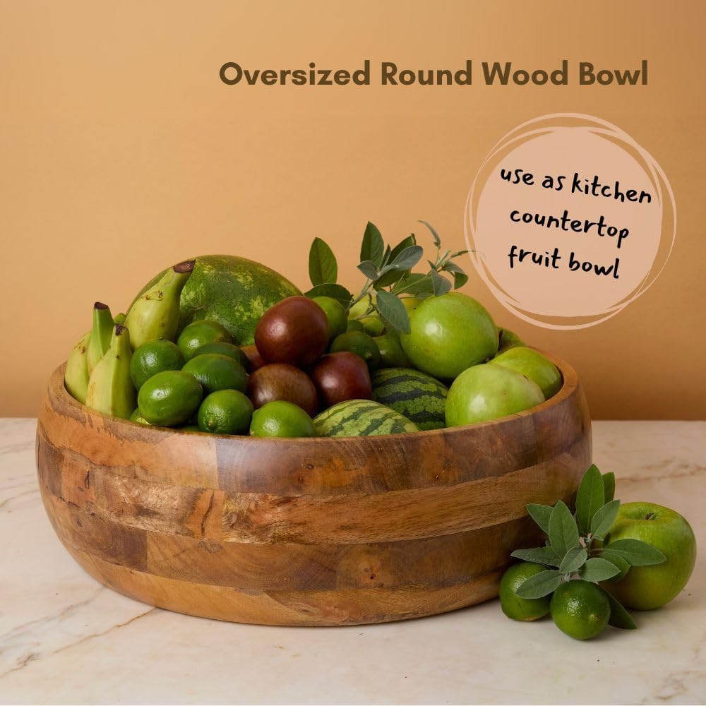 Oversized Salad Bowl, 19" Wide, Big Serving Dish for Pasta, Cut Fruit, Party, Catering, Wedding, Restaurant, Kitchen Countertop Fruit Bowl, Farmhouse Style, Mango Wood