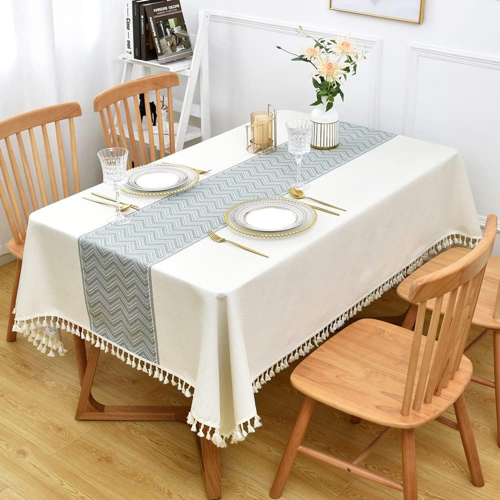 Heavy Duty Cotton Linen Table Cloth, Rectangular, White, 52x120 inch, Farmhouse Style, Checkered Pattern, Heavy Weight, Machine Washable