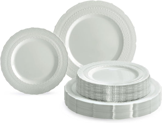 " OCCASIONS " 50 Plates Pack (25 Guests)-Extra Heavyweight Vintage Wedding Disposable/Reusable Plastic Plates -25x11'' Dinner + 25x8.25'' Salad/dessert (Chateau Collection Light Gray)