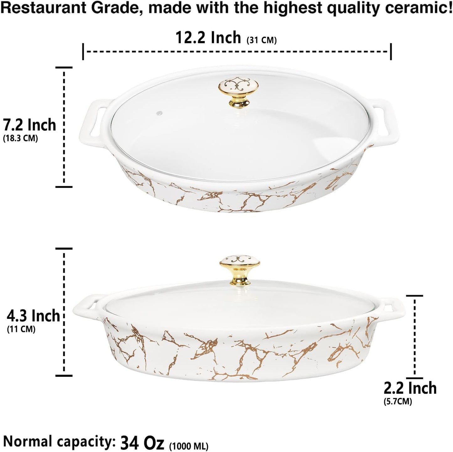 10" x 6" Ceramic Casserole Baking Dish With Glass cover, Lasagna Pan Deep for Oven, 34 ounce Baking Pan with Handles, Oven Safe & Durable Bakeware for Home Decor