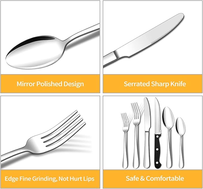 ENLOY 24 Pieces Silverware Set with Steak Knives, Stainless Steel Flatware Cutlery, Include Knife Fork Spoon, Mirror Polished, Dishwasher Safe, Service for 4