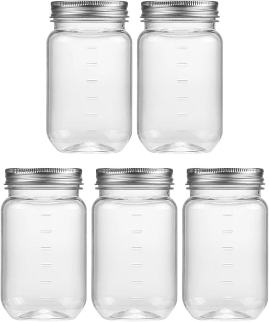 novelinks 16 oz Clear Plastic Jars with Screw-On Lids - BPA-Free Refillable Storage Containers for Slime, Food, Crafts, Kitchen & Household Use (5 Pack,Silver)