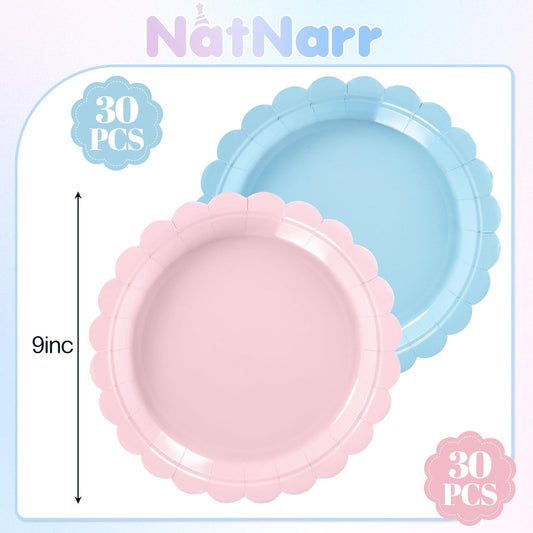 30 Pcs Gender Reveal Plates 9 Inch Disposable Scalloped Pink and Blue Plates Cute Dessert Cake Dinner Plate for Baby Shower, 1st Birthday