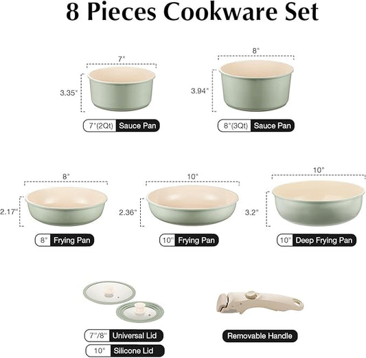 Ceramic Pots and Pans Set Non Stick Green, 8 Pcs Nonstick Cookware Set with Detachable Handle RV Camping Induction Kitchen Cookware Set Non Stick, PFAS PFOA & PTFE Free