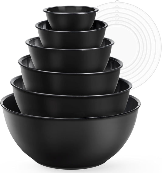 6-Piece Plastic Mixing Bowl Set with Lids for Kitchen, Nesting Storage Bowls for Baking, Prepping,Cooking and Serving Food, Dishwasher, Microwave Safe,Great for Mixing & Serving(6 Set-Black)
