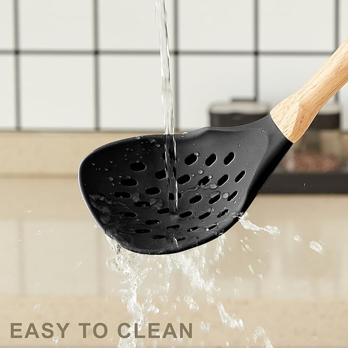 Kitchen Utensils Set - 34 PCS Non-Stick Silicone Cooking Utensils Set with Wooden Handle,Kitchen Gadgets Tools Set for Nonstick Cookware (Black-34P)