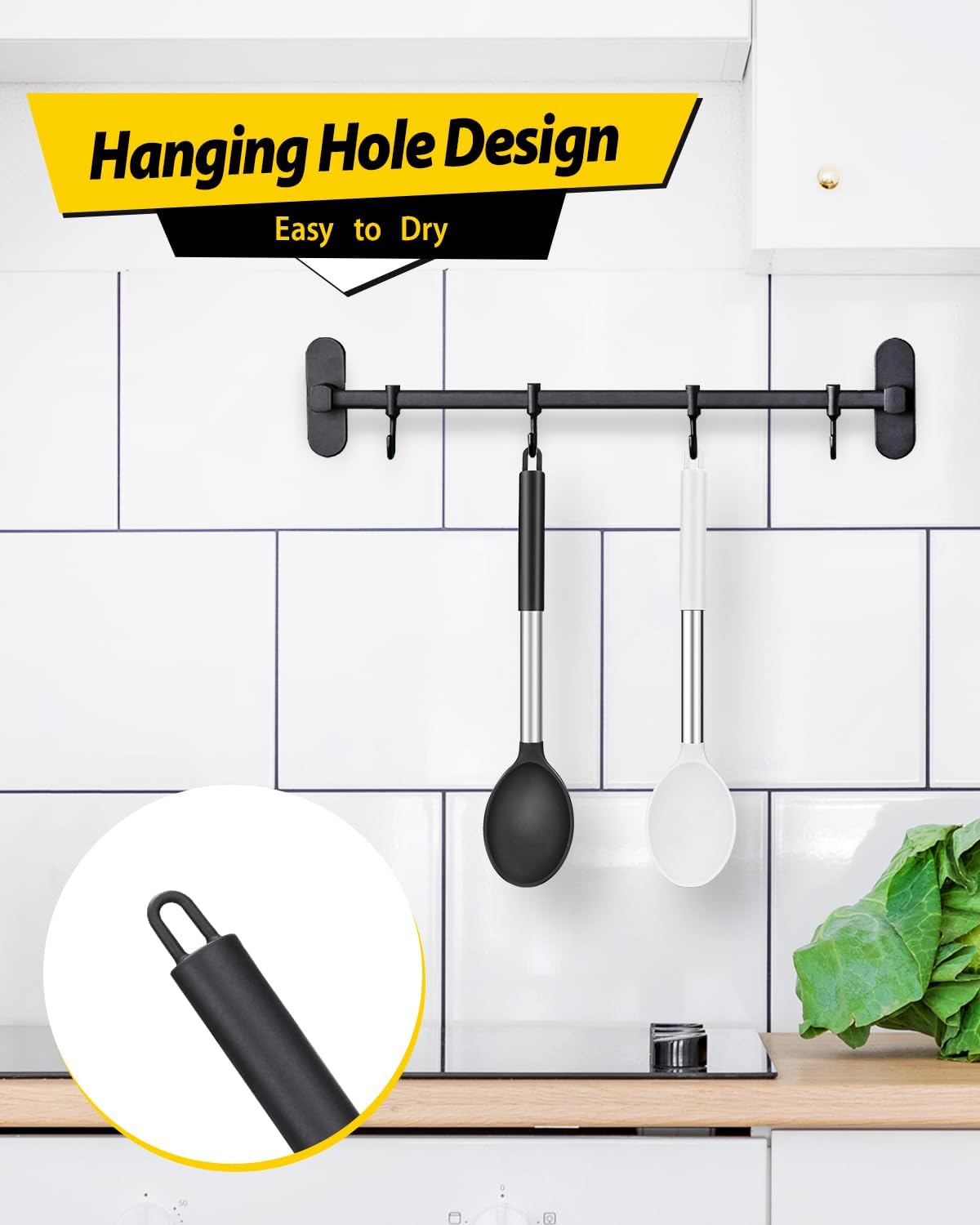 Pack of 2 Large Silicone Cooking Spoon Non Stick Solid Basting Spoons Heat-Resistant Kitchen Utensils for Mixing Serving (Black-White)