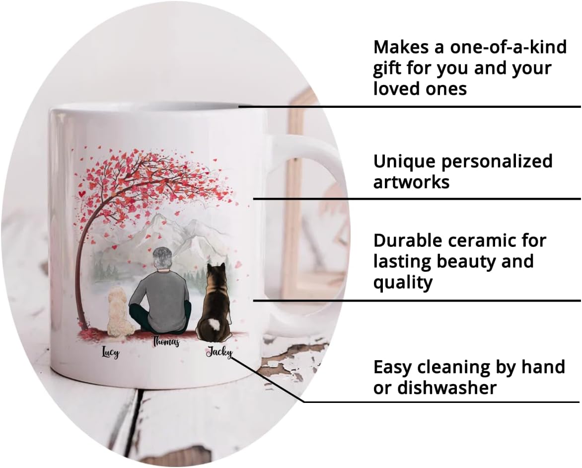 Gossby Personalized Dog Mug - Life is Better with Dogs (Man - 2 Dogs - Pink Tree) - 11oz, 15oz Custom Dog Dad Mugs Coffee with Names, Quotes - Customizable Dog Daddy Gifts for Dog Lovers, Owners