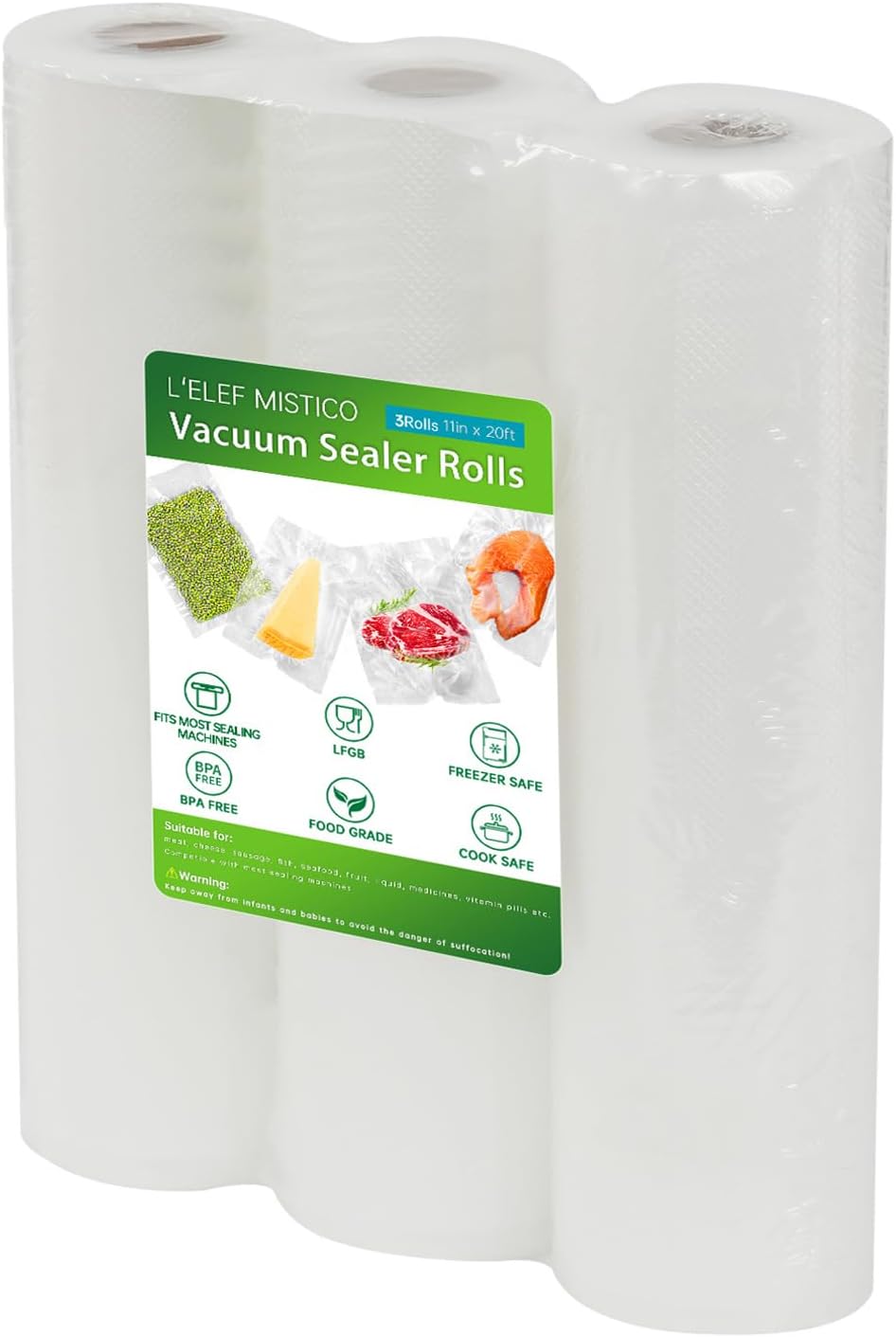 L'ELEF MISTICO Vacuum Sealer Bags for Food, 11''X20' (3 Rolls) BPA Free Food Saver Bags for Sealer, Customized Size Vacuum Storage Bags for Sous Vide or Meal Prep