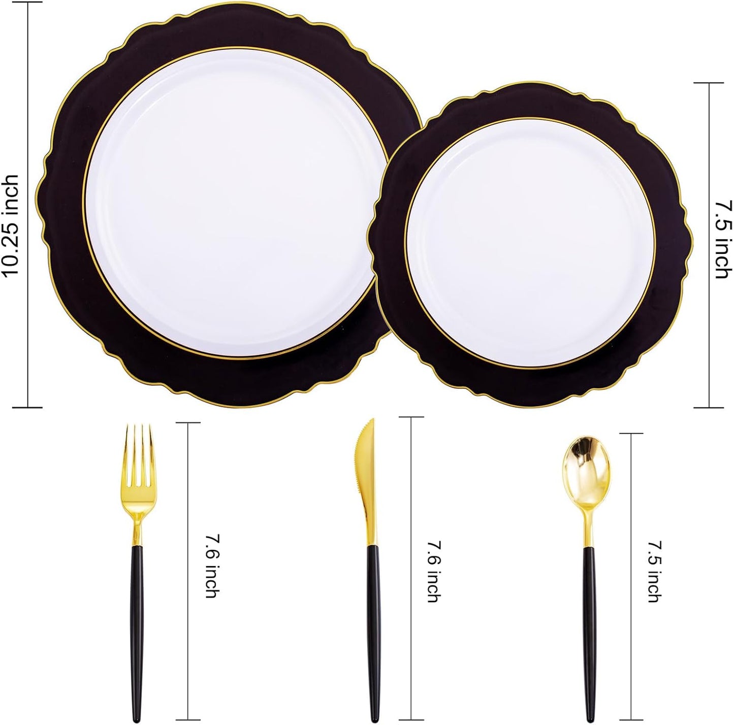 WDF 30Guest Black and Gold Plastic Plates - New Year Plates - Gold Plastic Silverware With Black Handle Baroque Black and Gold Disposable Dinnerware for Halloween & New Year &Parties
