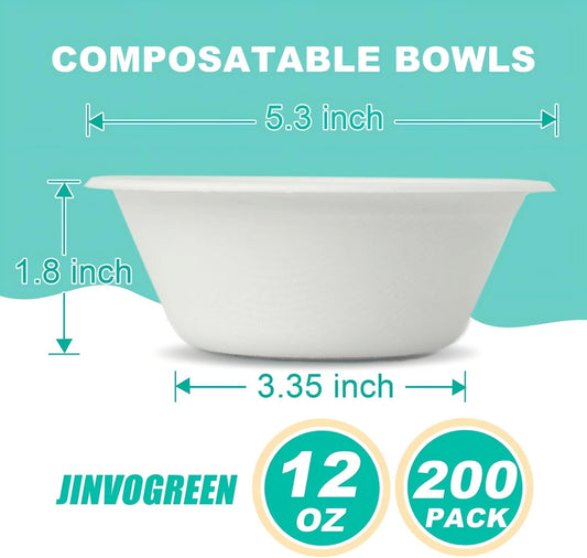200 Count 12 oz Paper Bowls, Disposable Compostable Bowls Bulk, Heavy Duty Biodegradable Bagasse Bowl for Snacks, Soup, and Salads, White