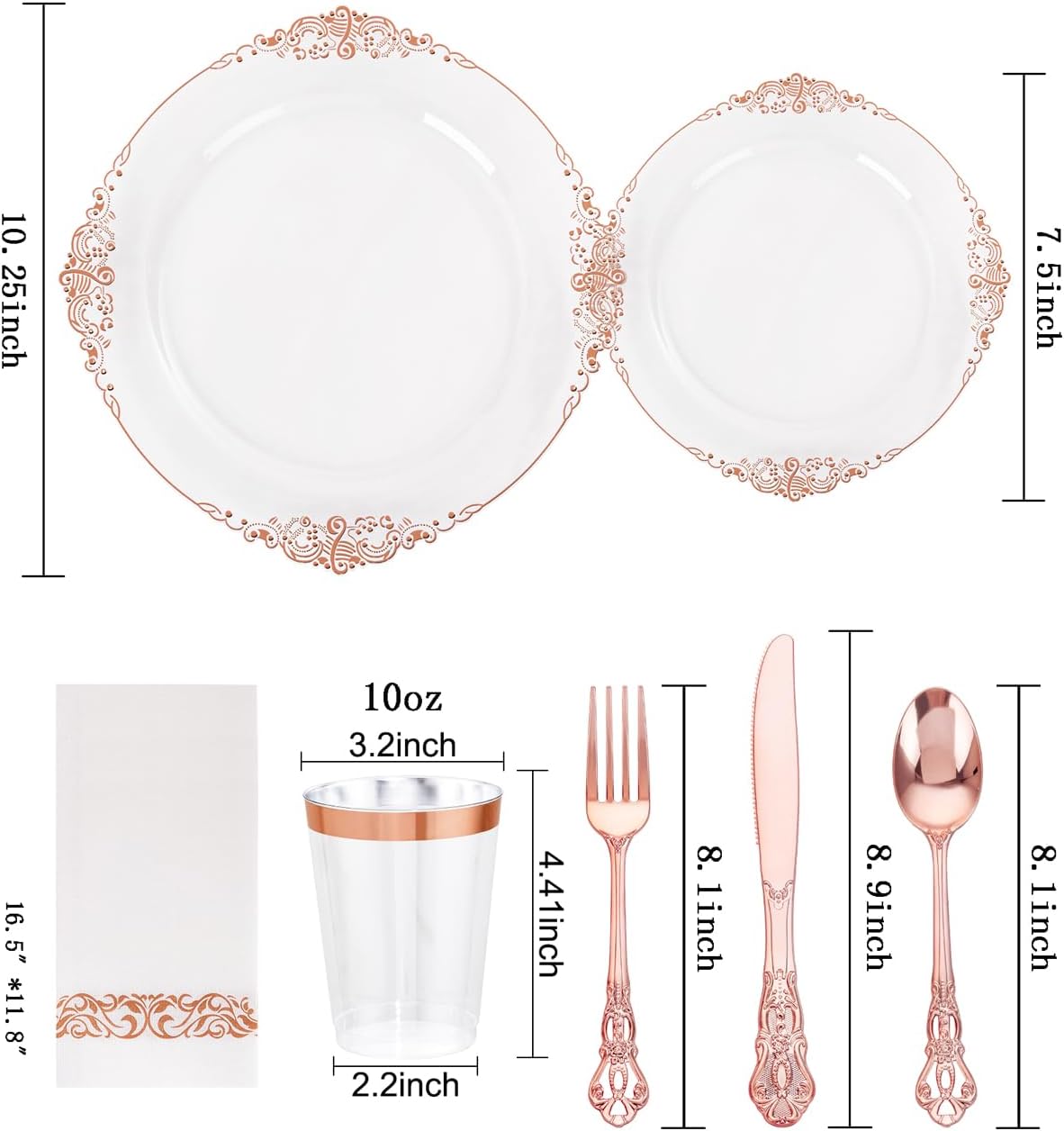 YOUBET 700PCS Rose Gold Plastic Plates - Clear Rose Gold Plastic Dinnerware Set Include 200 Disposable Plate, 300 Heavy Duty Silverware, 100 Cups, 100 Napkins for Wedding & Party & Baby Shower