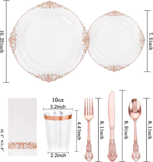 YOUBET 700PCS Rose Gold Plastic Plates - Clear Rose Gold Plastic Dinnerware Set Include 200 Disposable Plate, 300 Heavy Duty Silverware, 100 Cups, 100 Napkins for Wedding & Party & Baby Shower