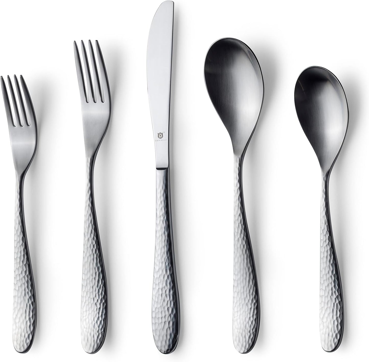 Matte Silverware Set, 18/10 Stainless Steel Satin Flatware, Modern Brushed Finish Cutlery, Dishwasher Safe & Durable, Built to Last (40-Piece, Marettimo Hammered)