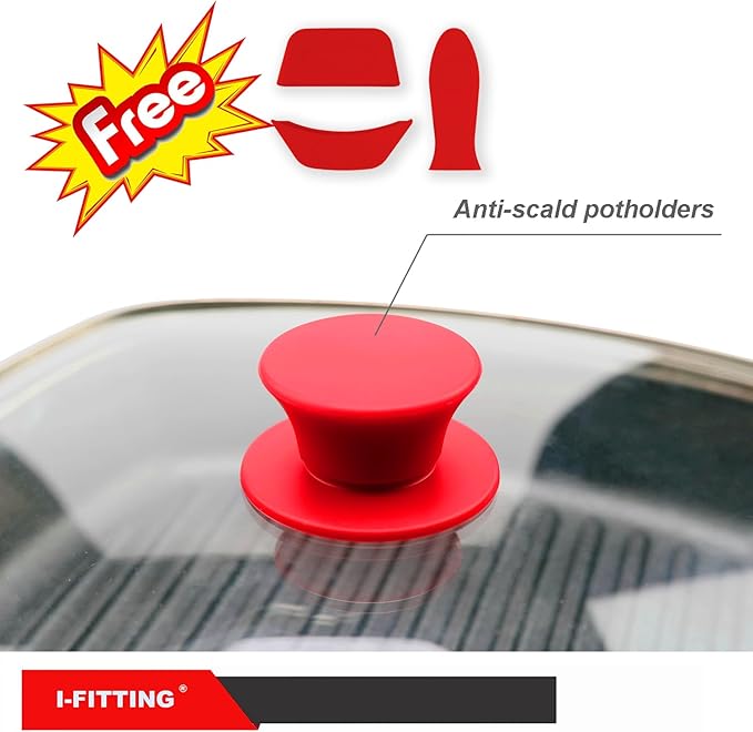 Square Glass Lid for Grill Pans with Steam Vent Hole - Fits Lodge Cast Iron Skillets 10.5inch/26.67cm Silicone Potholder- Square Tempered Glass Lid - Universal Replacement Cover Silicone Knob