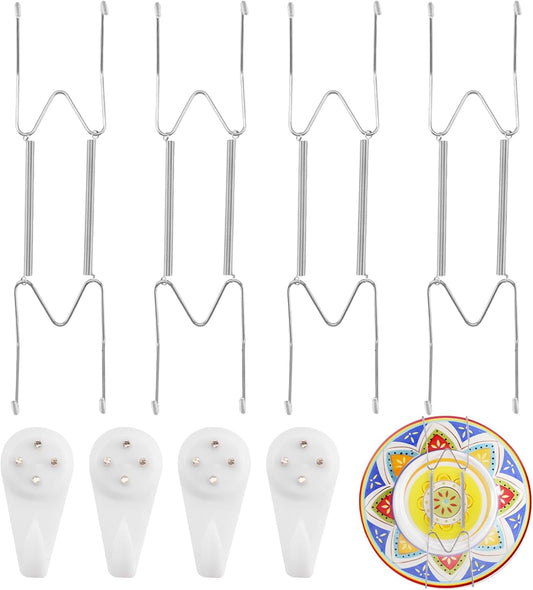 4 Pack Plate Hangers for The Wall Suitable for 9-11 inch Small Decorative Plate, Invisible Stainless Steel Plate Hangers for Display with Wall Hooks, for Plates/Platter/Dish/Picture(Silver)