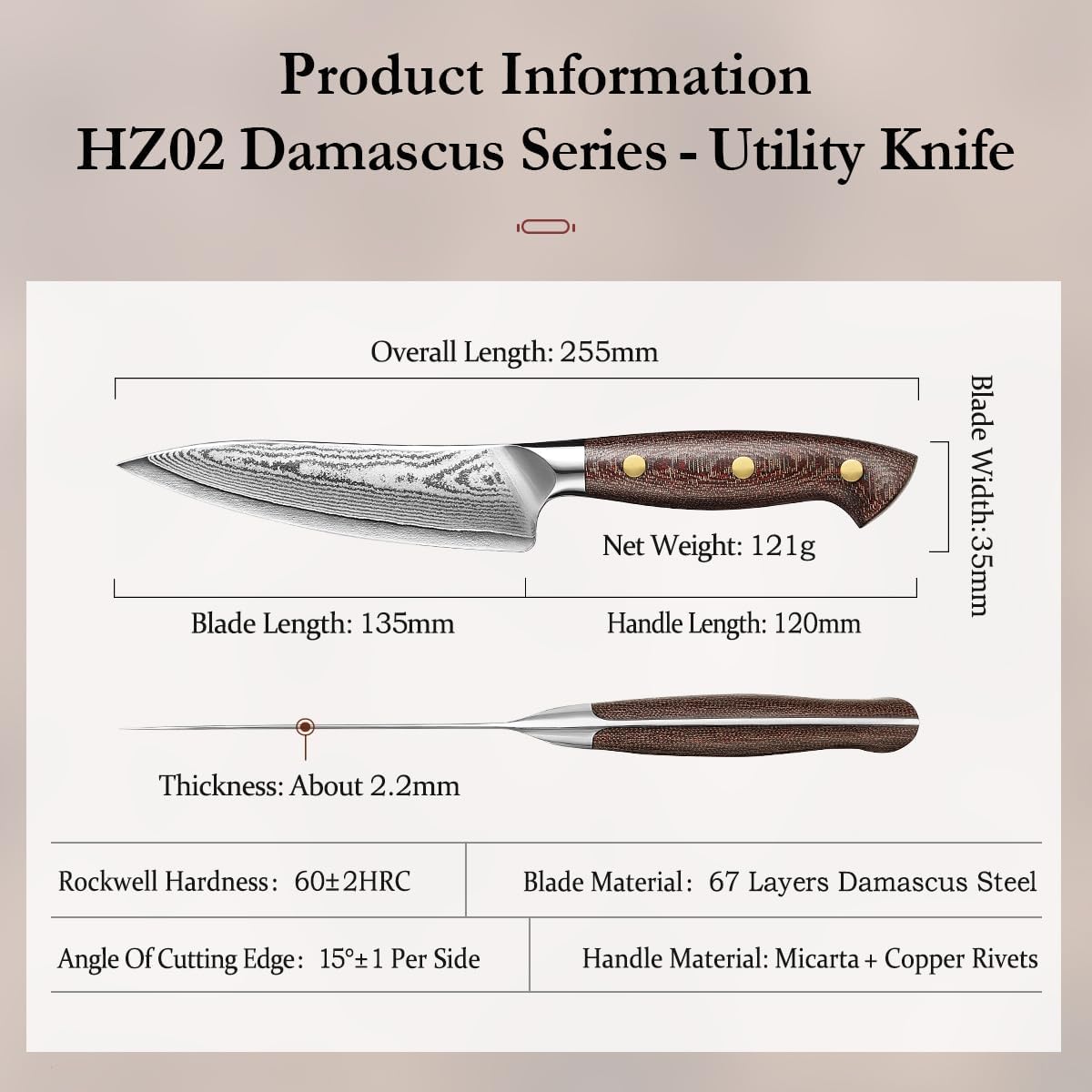 HEZHEN 5.3 Inches All Purpose Kitchen Knife with Sheath, 67 Layers Damascus Steel Kitchen Utility Knife for Cooking Preparation, Petty Knife, Micarta Handle,Gift Ready