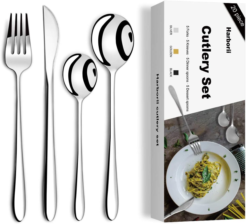 20 Pcs Silverware Set HARBORII Flatware Set Stainless Steel Utensils Set Mirror Polished Cutlery Set Including Forks Knife Spoons Dishwasher Safe