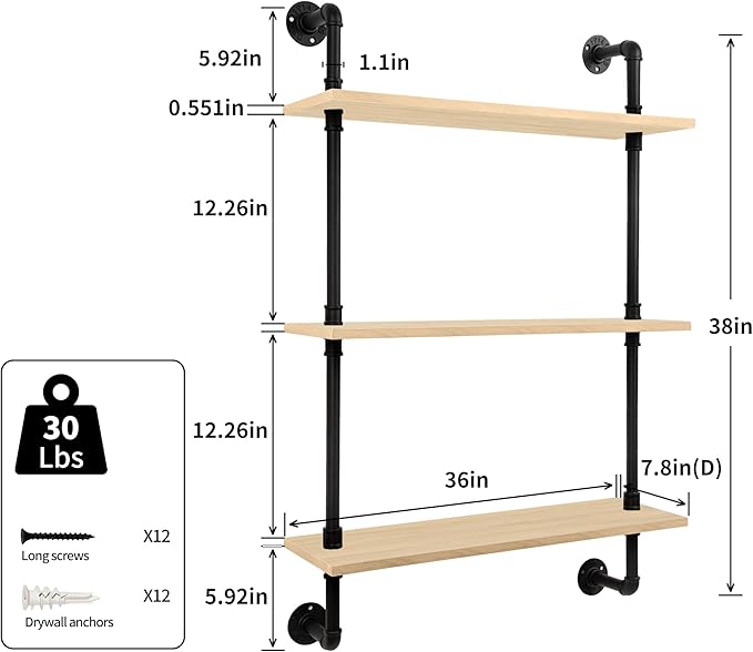 3-Tier Industrial Pipe Floating Shelf – Rustic 36 inch Wood Wall-Mounted Storage Shelf for Kitchen Office,Bathroom & Home Decor -White Oak