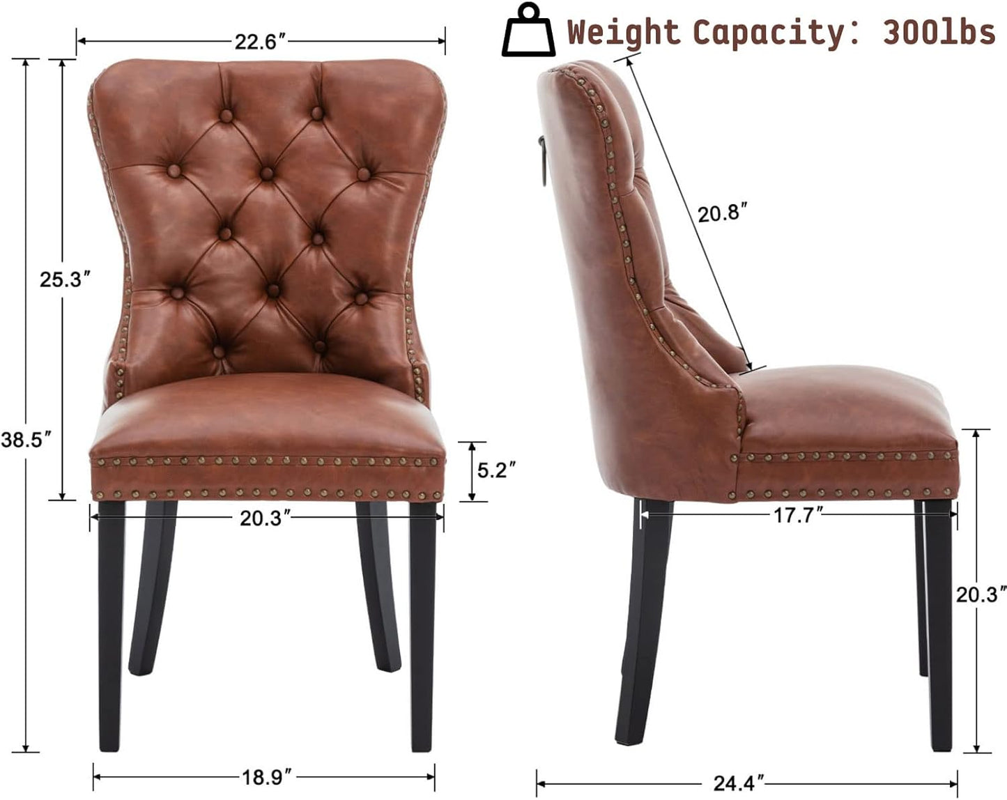 Brown Leather Dining Chairs Set of 4 Mid Century Modern Tufted Chairs Armless Rubber Wood Vintage Furniture Chairs Upholstered Nailhead PU Side Chair with Pull Ring for Kitchen/Cafe Decor