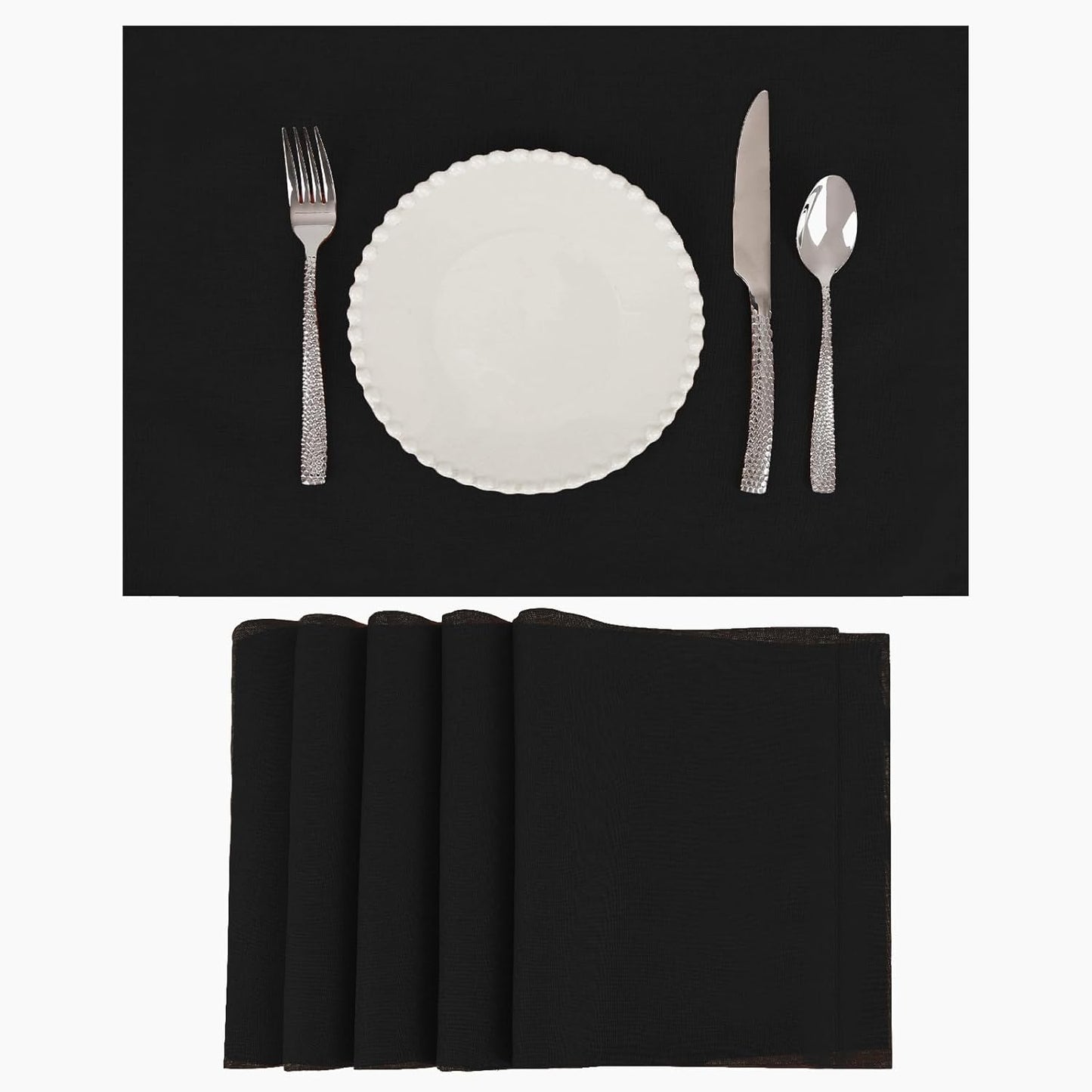 Placemats Set of 6 Linen Type Fabric Cloth Placemats, 19 x 13 Inch Double Layered Thick Wrinkle Free Heat Resistant Table Place, for Dining, Kitchen, Party (Black, 48 * 33cm)