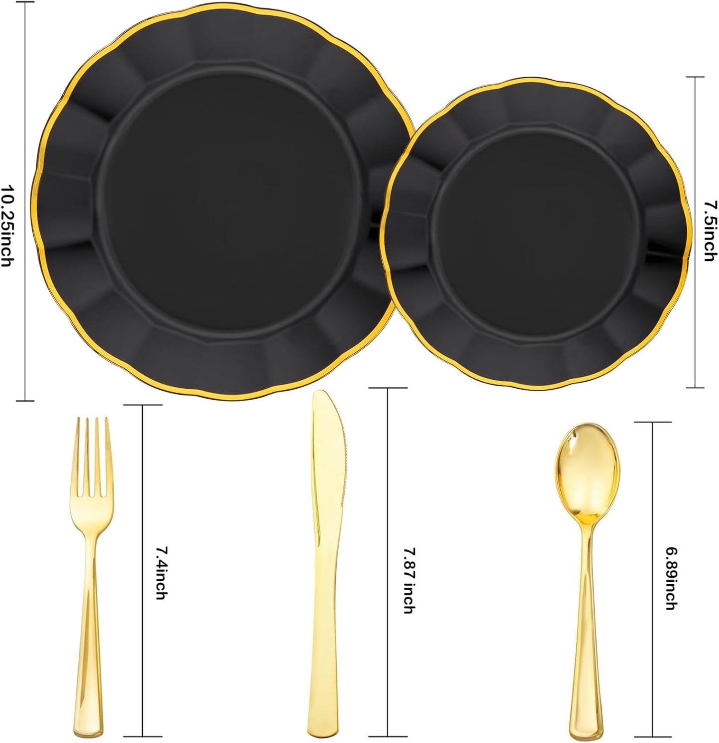 EI 150pcs Black Plastic Plates,Black and Gold Fancy Plate,Gold Plastic Silverware,Black and Gold Dinnerware Set,Premiun Heavy Duty Taleware,Perfect for Halloween,Party,Wedding,Anniversary