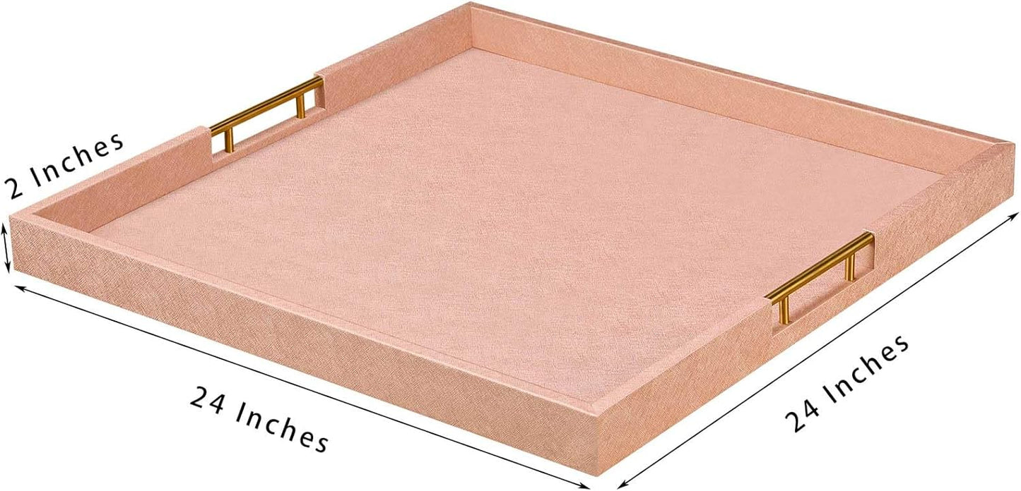 24x24 Inches Extra Large Champagne Faux Leather Wrapped Wood Ottoman Tray with Golden Handles for Serving Food Breakfast On Bed, Square Coffee Table Organizer, Home Decor and Decorative