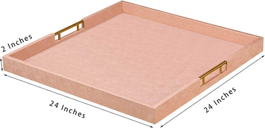 24x24 Inches Extra Large Champagne Faux Leather Wrapped Wood Ottoman Tray with Golden Handles for Serving Food Breakfast On Bed, Square Coffee Table Organizer, Home Decor and Decorative