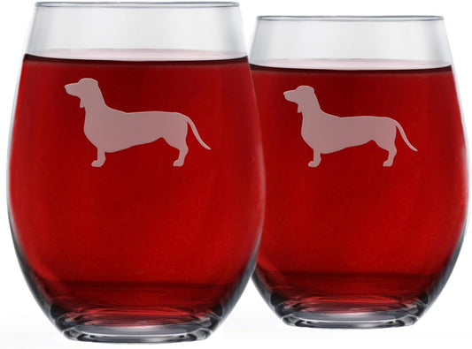 Greenline Goods Dachshund Stemless Wine Glasses (Set of 2) - Unique Gift for Weiner Dog Lovers - Etched 2-Sided Silhouette with Breed Name on the Bottom