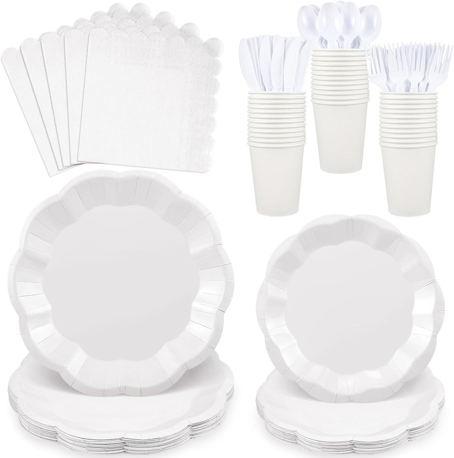 175 Pcs White Plates and Napkins Set, 25 Guest White Party Supplies Include Scalloped Plate Paper Napkin Cup Forks Knives Disposable Plastic Cutlery for Wedding Baby Shower Birthday Party