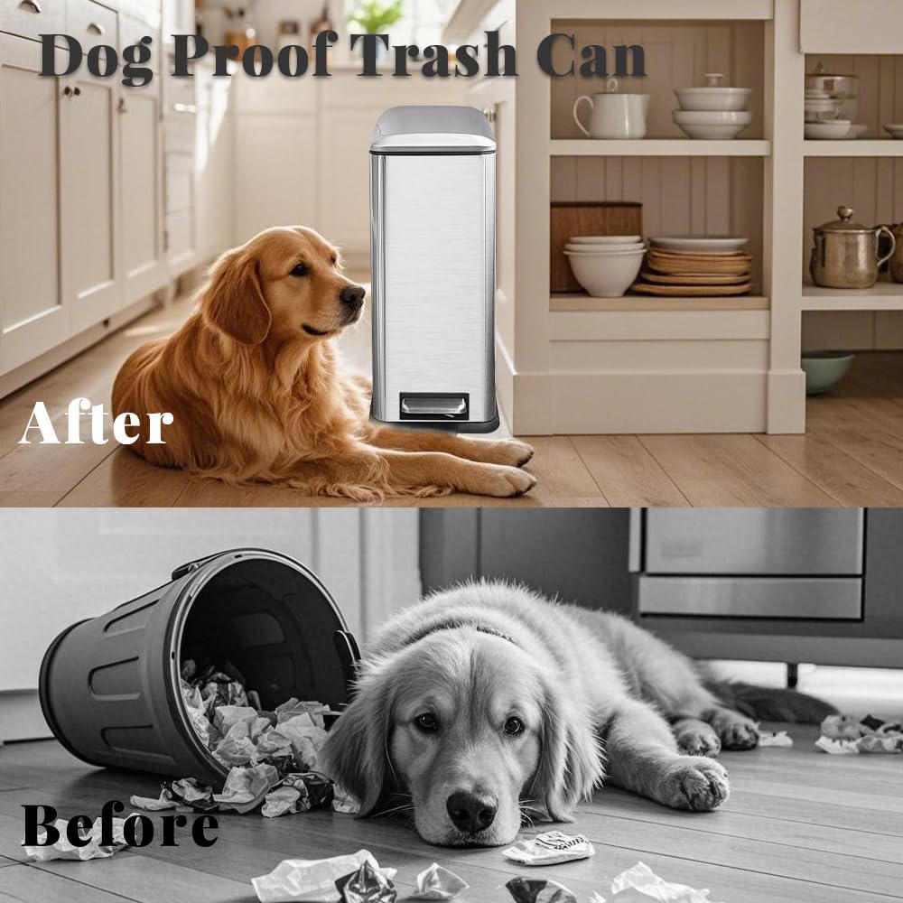 30L/Slim 8 Gallon Stainless Steel Trash Can with Soft-Close Lid & Removable Inner Bucket, Fingerprint-Proof, Odor-Controlled Kitchen Bathroom & Office Waste Bin, Silver