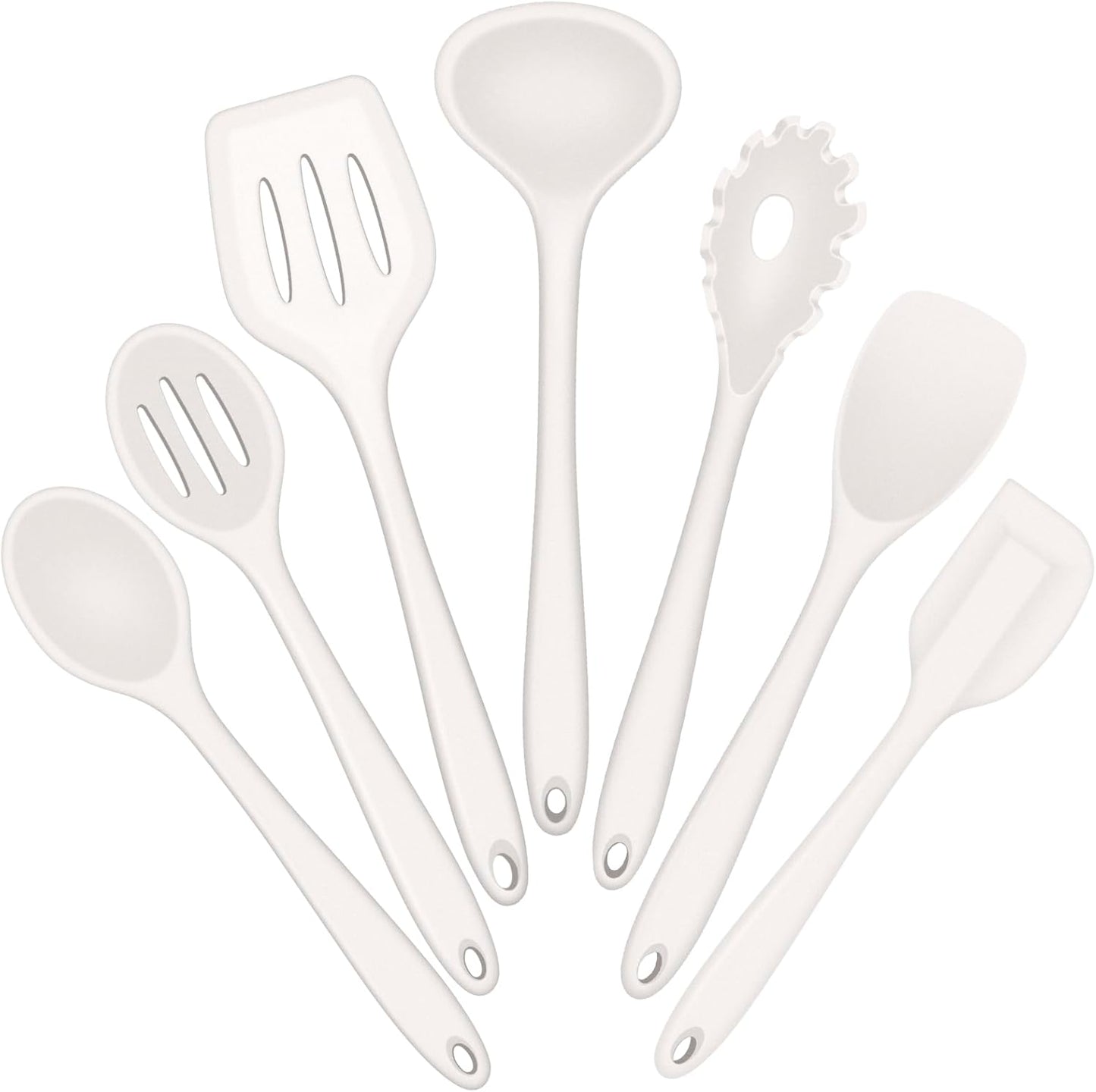 E-far Silicone Cooking Utensils Set, 7-Piece White Heat Resistant Kitchen Utensils Set, Kitchen Nonstick Tools Spatula Ladle Spoon Pasta Server for Non-stick Cookware, Non-Toxic & Dishwasher safe