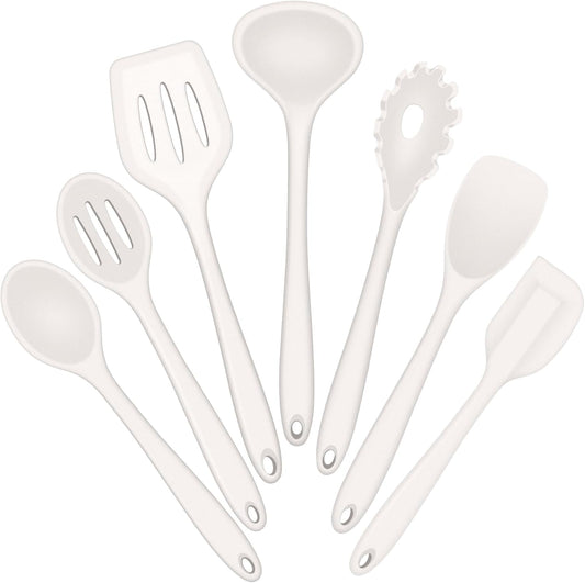 E-far Silicone Cooking Utensils Set, 7-Piece White Heat Resistant Kitchen Utensils Set, Kitchen Nonstick Tools Spatula Ladle Spoon Pasta Server for Non-stick Cookware, Non-Toxic & Dishwasher safe