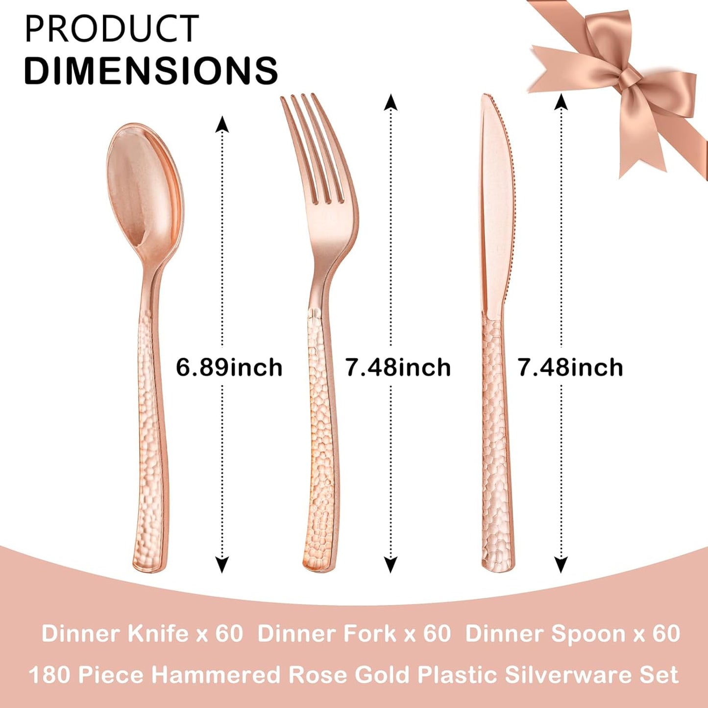 Supernal 180pcs Rose Gold Plastic Silverware Heavy Duty Plastic Forks and Spoons, Rose Gold Disposable Silverware Sets Include 60 Forks, 60 Knives and 60 Spoons Suitable for Wedding, Party, Birthday