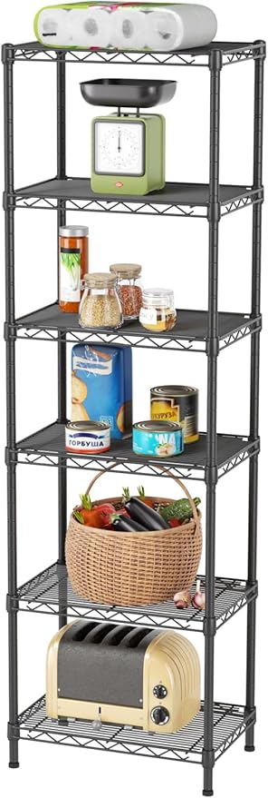 SINGAYE 6 Shelves Bathroom Organizers and Storage Shelf Wire Closet Metal Pantry Kitchen Small Garage Shelving Unit Laundry Room Organization Home Tall Rack Balck 10" D x 16" W x 60”H