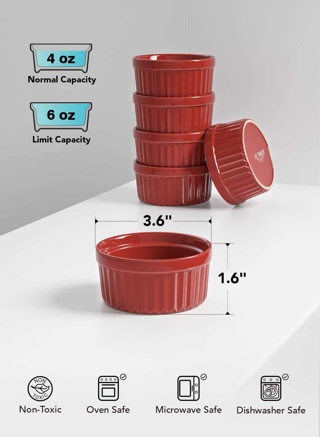LE TAUCI Ramekins 4 OZ Oven Safe, Creme Brulee Ramekins, Pudding Custard Cups Souffle Ramiken, Dipping Sauce Dishes, Ceramic Ramekin Bowls Set of 6, True Red