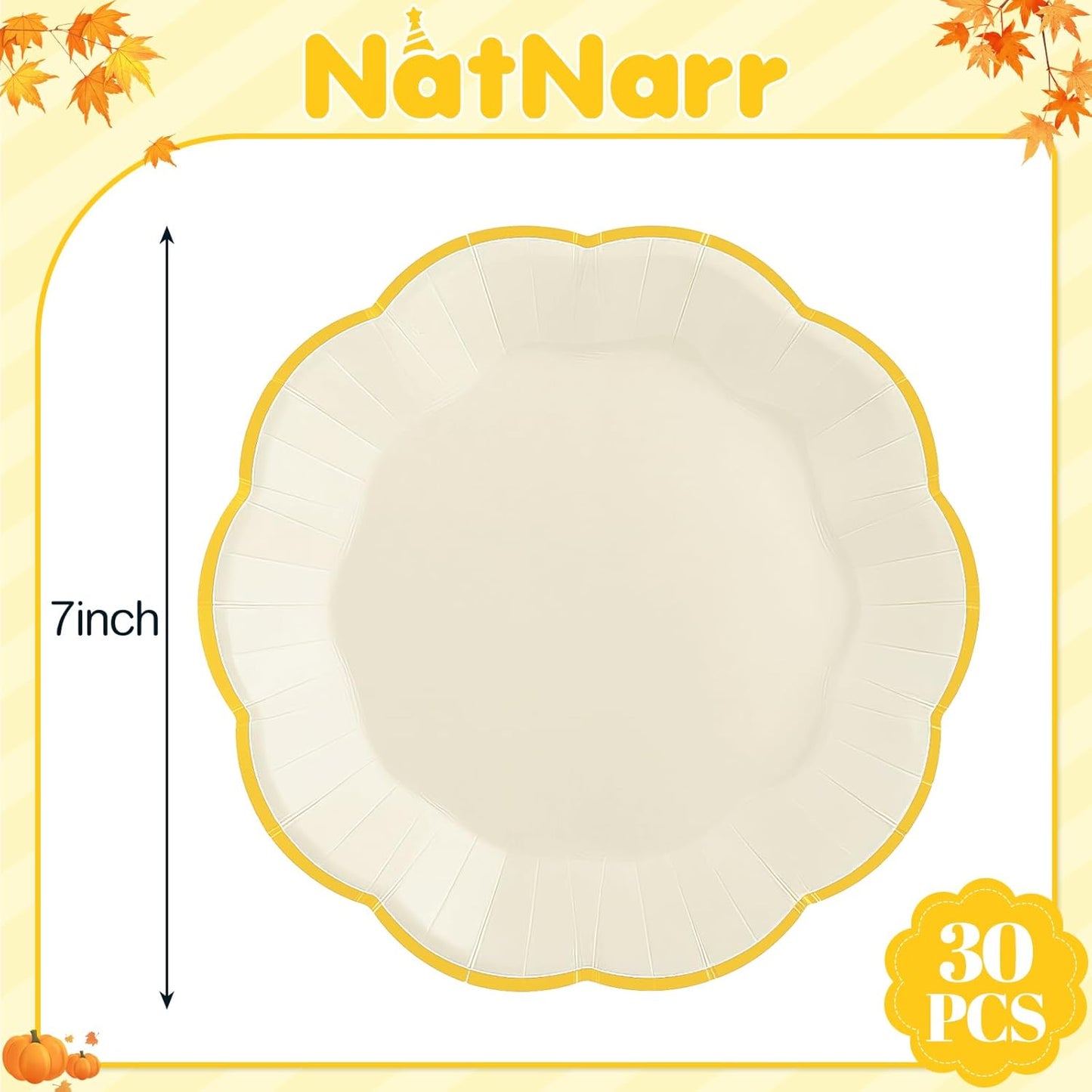 30 Pcs Thanksgiving Paper Plates, 7 Inch Ivory Paper Plate with Gold Trim Cute Beige Disposable Scalloped Plates for Friendsgiving, Baby Shower, Wedding