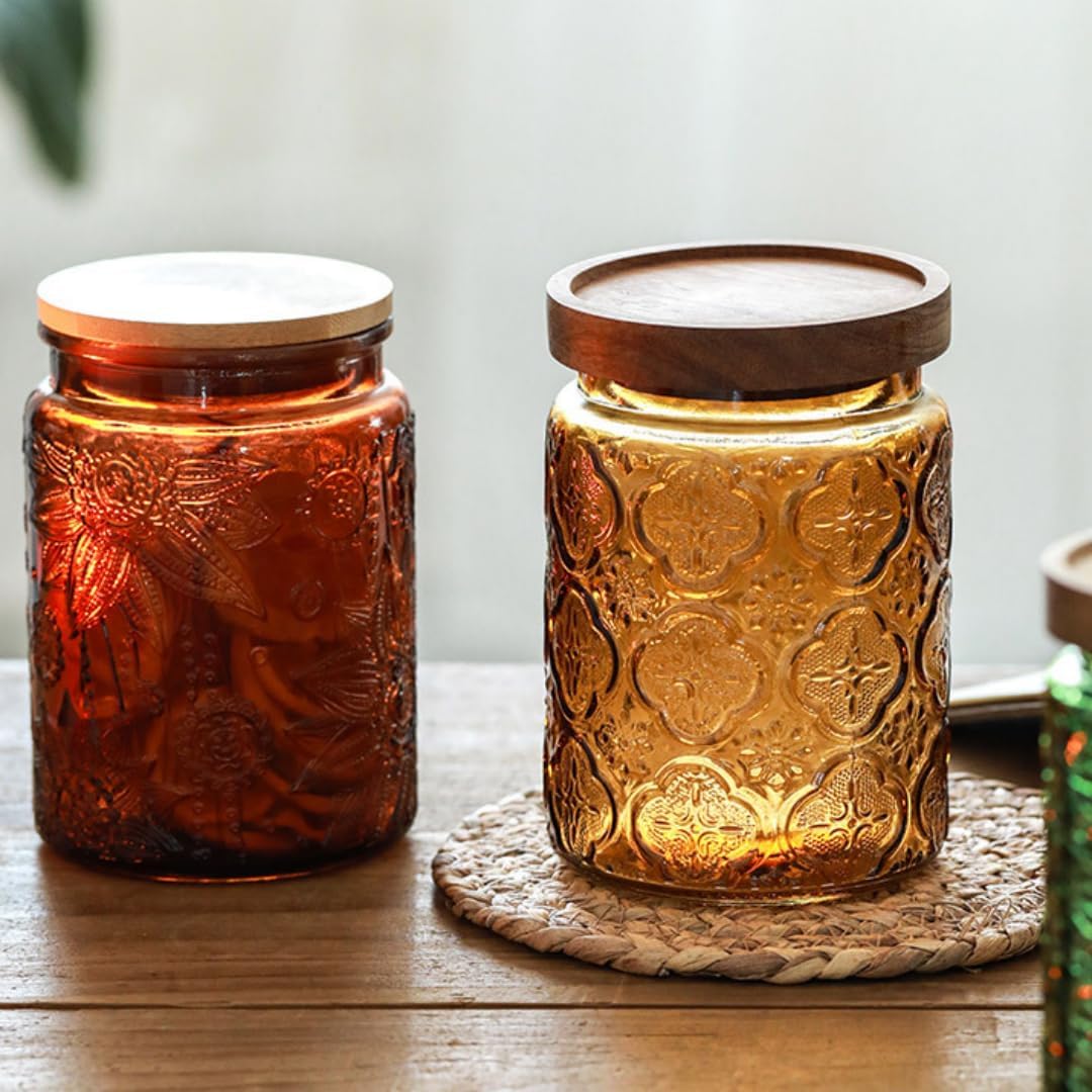 ANSQU Set of 2 Vintage Glass Kitchen Storage Counter Jar, 23.7 FL OZ Candy Jars with Lids, Coffee Container for Ground Coffee, Mason Jar Hold Tea, Sugar, Bath Salts & More (Brown, 2 Pack)