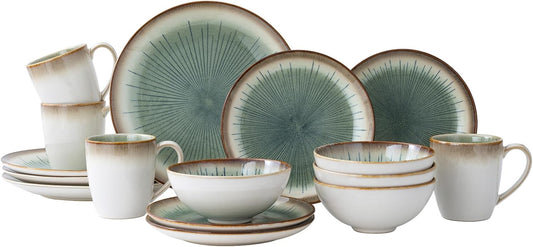 Dinnerware Set Green Stoneware 16 Pieces Service for 4, Stoneware Plates and Bowls Set Highly Chip Dishwasher Microwave Safe Dishes set