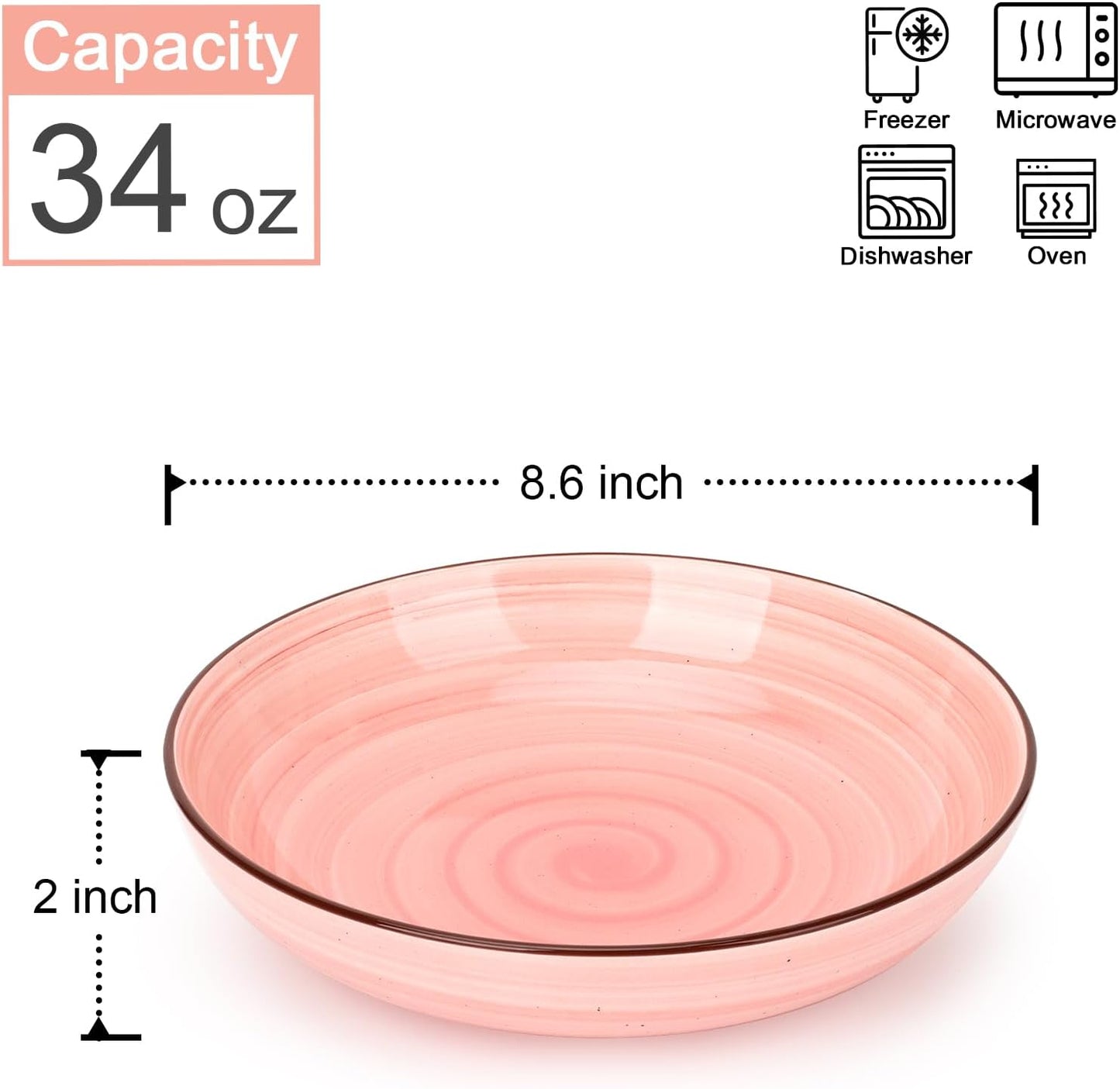 KitchenTour Large Pasta Bowls 34 oz, Ceramic Salad Serving Bowls Set of 6, 8.6 Inch Wide and Shallow Bowl for Soup- Dishwasher and Microwave Safe, Assorted Warm Colors