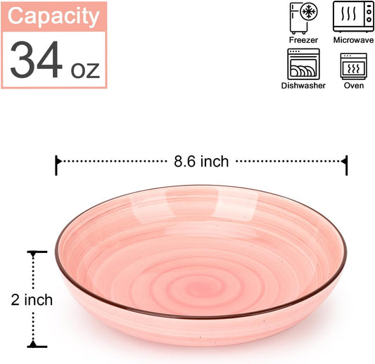 KitchenTour Large Pasta Bowls 34 oz, Ceramic Salad Serving Bowls Set of 6, 8.6 Inch Wide and Shallow Bowl for Soup- Dishwasher and Microwave Safe, Assorted Warm Colors