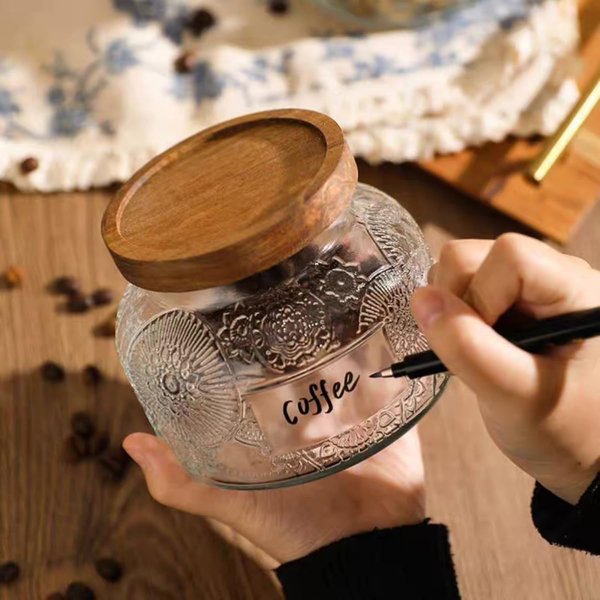 Vintage Decorative Jar 25.4FLOZ Glass Storage Container Mason Jar Candy Coffee Tea Nut Container Sugar Container, transparent, 750-FD1-wood lid
