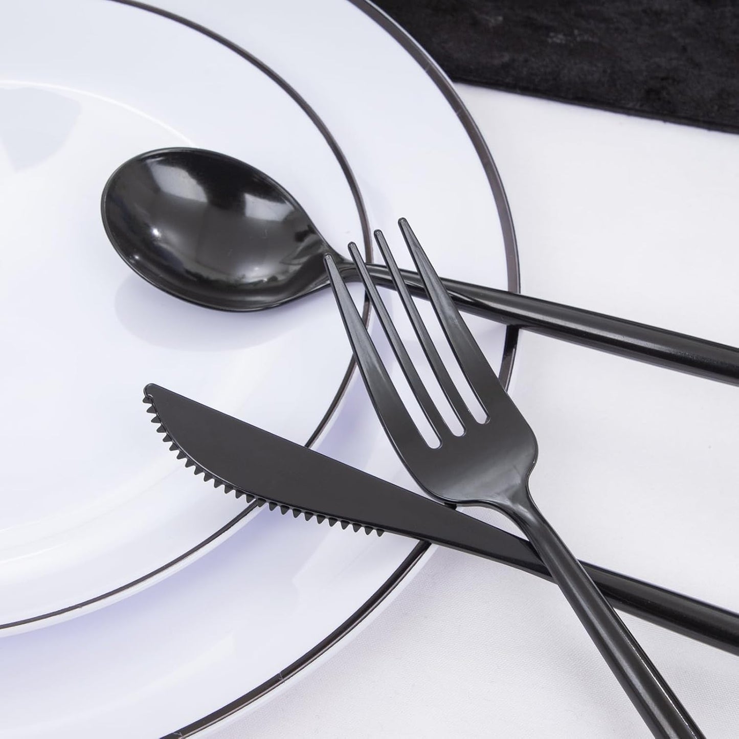 EI 180pcs White Plastic Dinnerware Set Include Black Disposable Silverware,Dinner and Dessert Plates,Cups,White Plastic Plates with Black Rim Perfect for Wedding,Birthday,Halloween,Partys,Service 30.