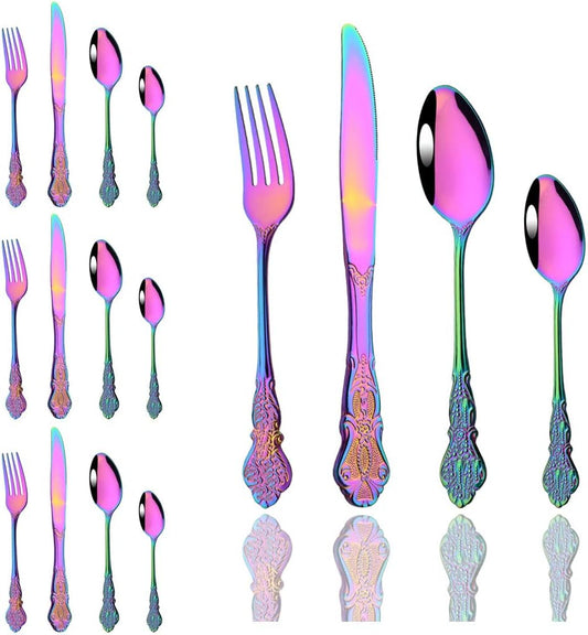JASHII 24-Piece Multicolour Palace Cutlery Set Silverware Set, Mirror Polished, Stainless Steel Flatware Cutlery Eating Utensils Service for 6, Unique Elegant Pattern, Dishwasher Safe (Rainbow)