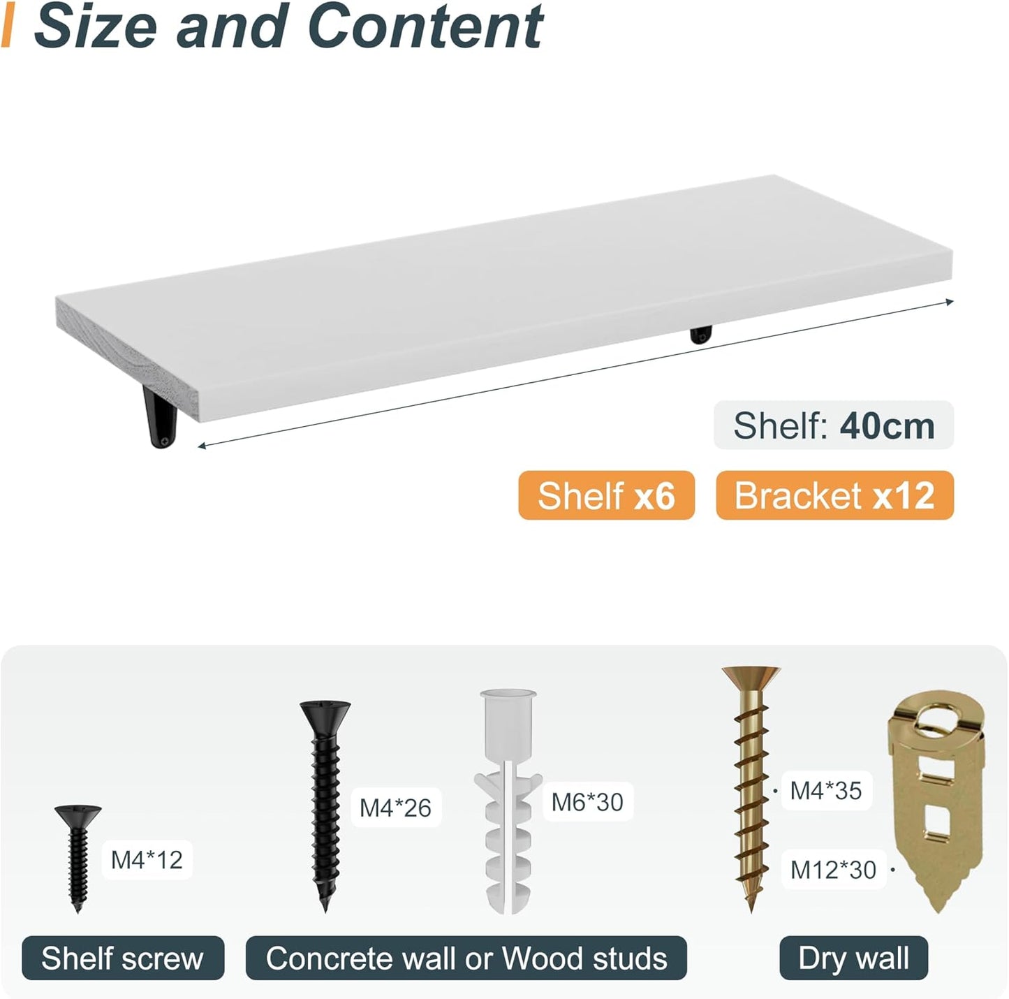 SKYSEN Floating Shelves for Wall Set of 6, 15.7in Wood Wall Shelf for Decor, Bathroom, Bedroom, Storage, Book,Kitchen, Living Room - White(fs-40-w)